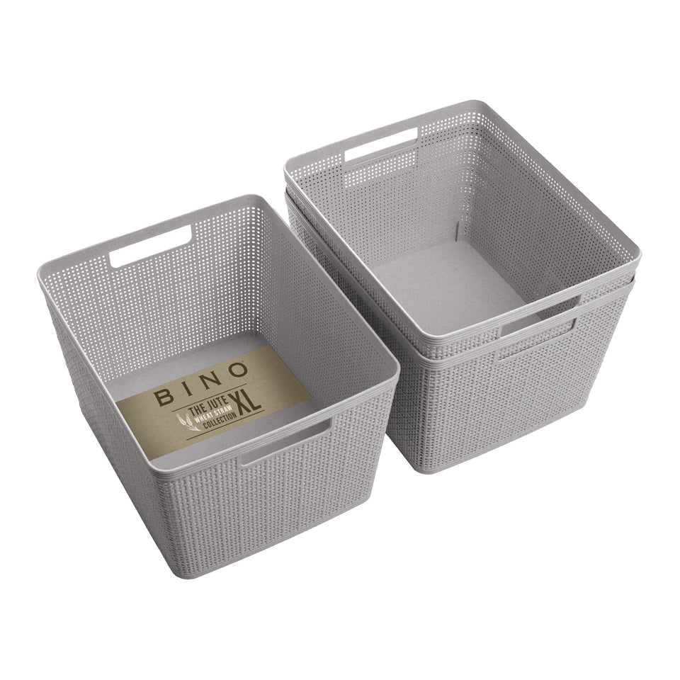 BINO woven plastic basket large natural grey 3-pack in a closet demonstrates space optimization.