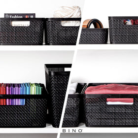 BINO woven plastic basket medium black in closet for neat, accessible organization.