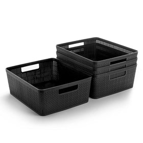 BINO woven plastic basket, medium black, front view for space-saving organization.