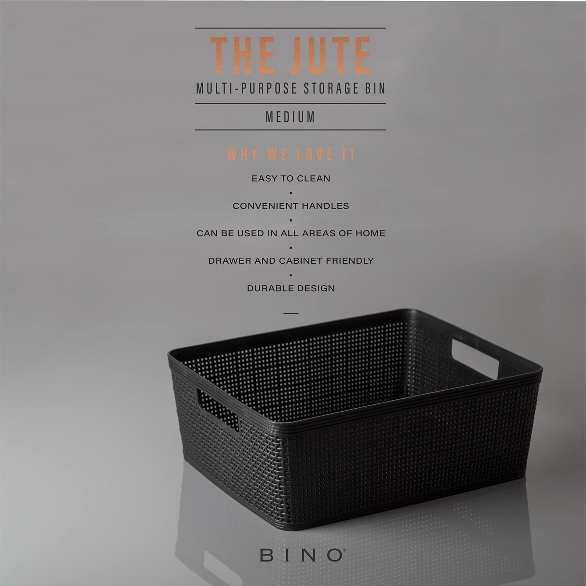 BINO woven plastic basket medium black stacked configuration highlighting easy portability.