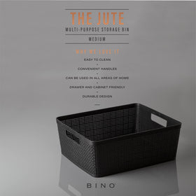 BINO woven plastic basket medium black stacked configuration highlighting easy portability.