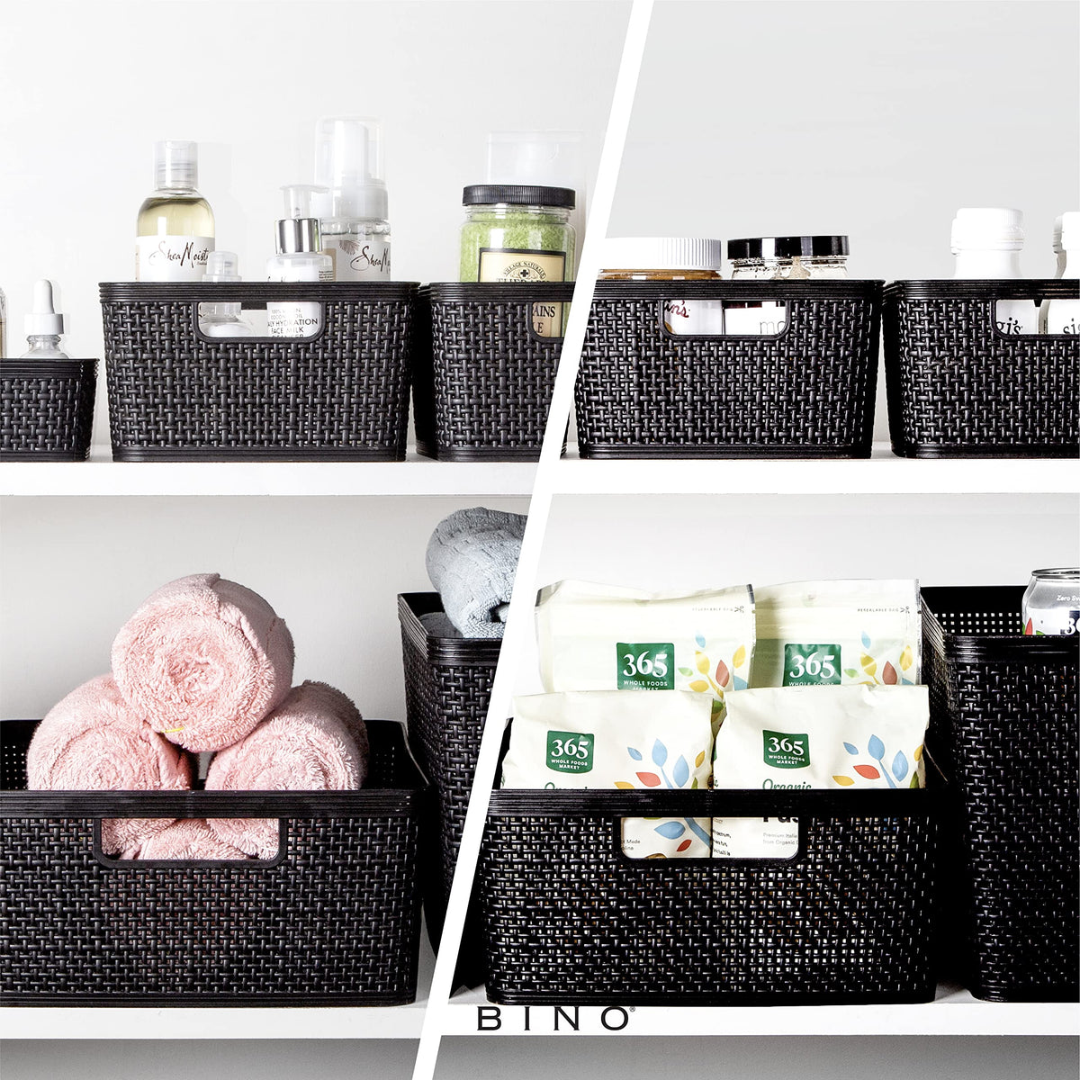 BINO woven plastic basket medium black with toys stored neatly for playroom organization.