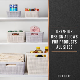 BINO woven plastic basket ideal for pantry storage to reduce clutter and improve accessibility.