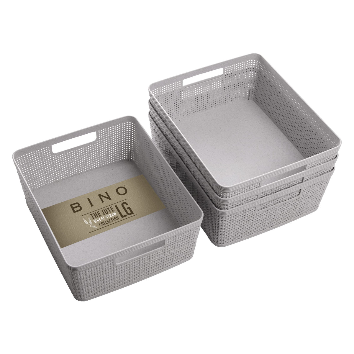 BINO small natural grey woven plastic basket, front view for compact storage.