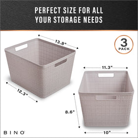 BINO woven plastic basket stackable design saves space in cabinets and shelves.