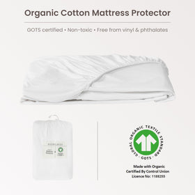BIOWEAVES protector shows stretchable edges for a snug queen fit.