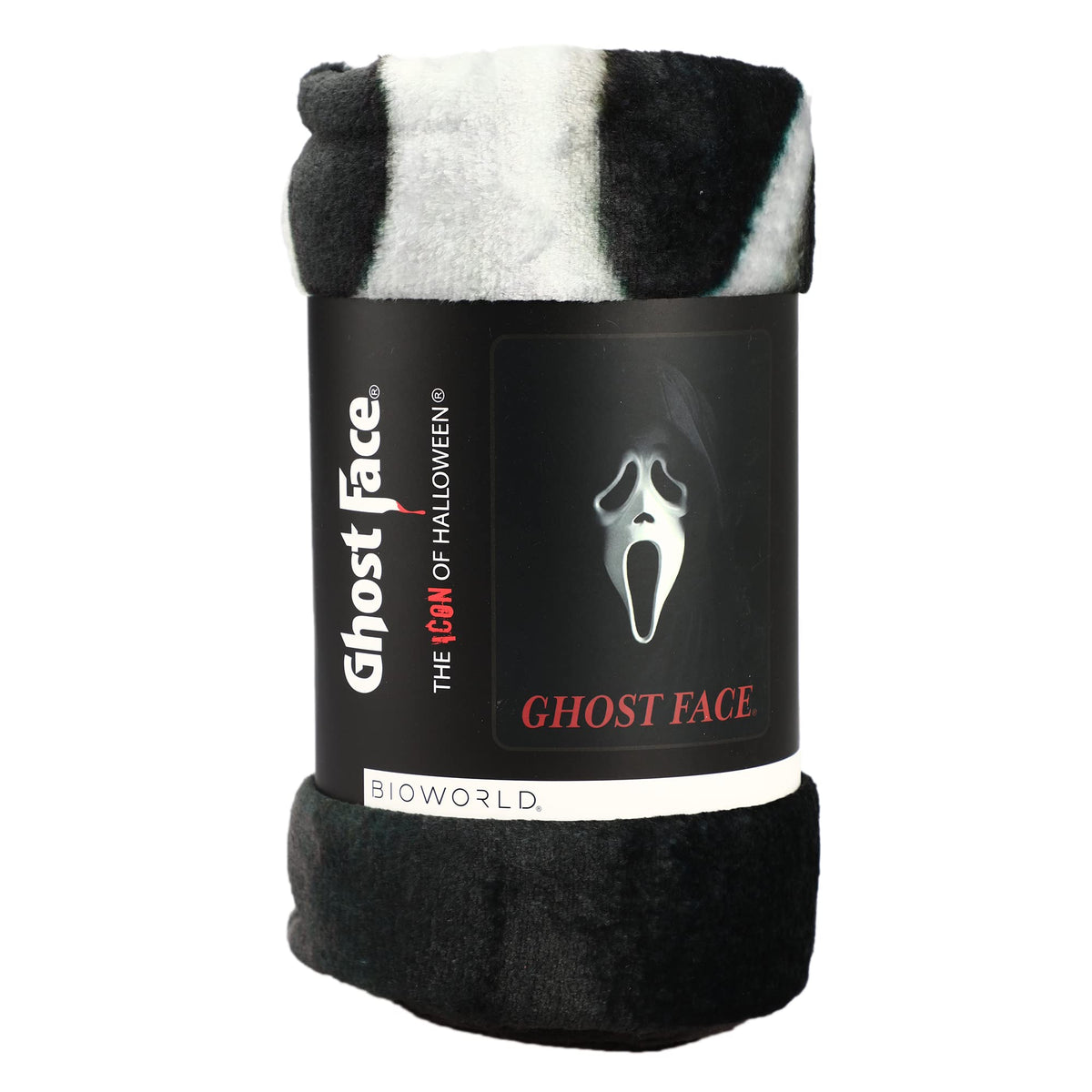 Bioworld Ghost Face Throw Blanket draped on sofa, showcasing large Scream print.