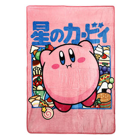 Bioworld Kirby Kanji Throw Blanket displays a bold full graphic for cozy lounging.