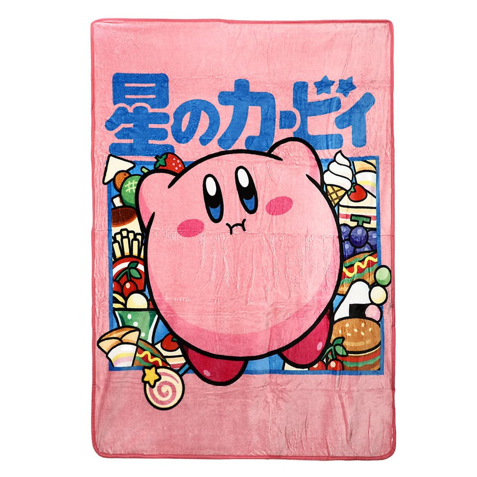 Bioworld Kirby Kanji Throw Blanket displays a bold full graphic for cozy lounging.
