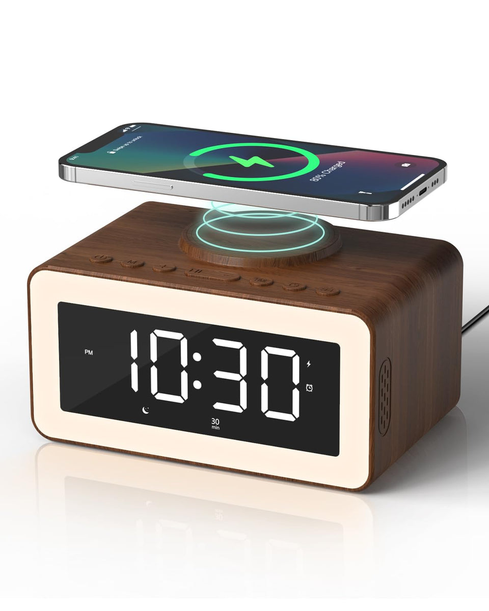 Biseoamz digital alarm clock on a bedside table with wooden finish for cozy mornings