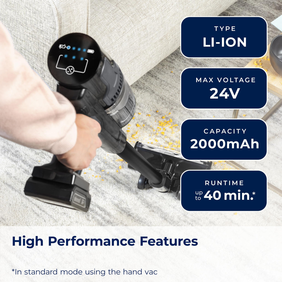 Bissell 24V MAX lithium battery delivers reliable power for steady suction.