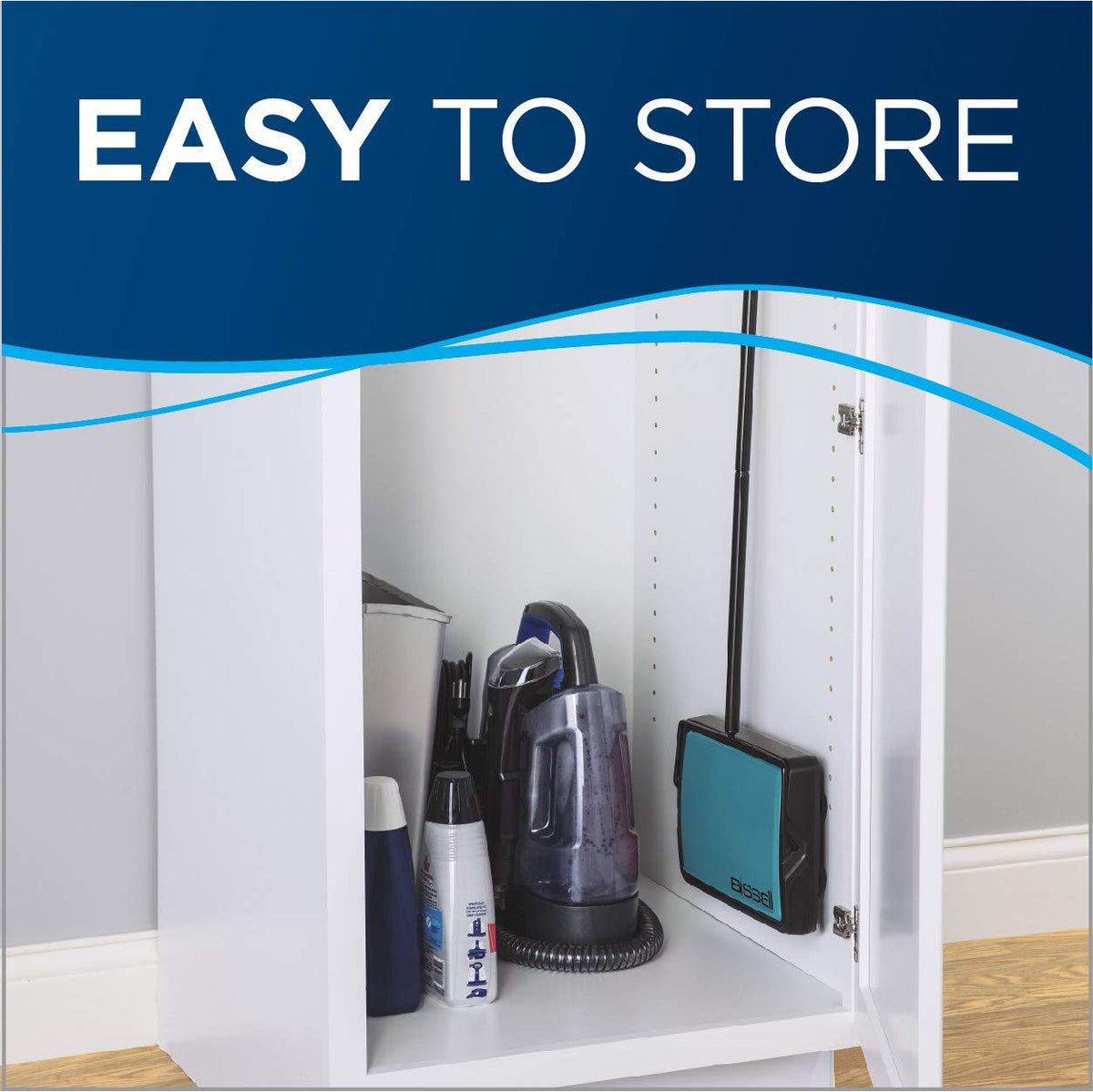 Bissell Easy Sweep teal stores flat with a hanging loop