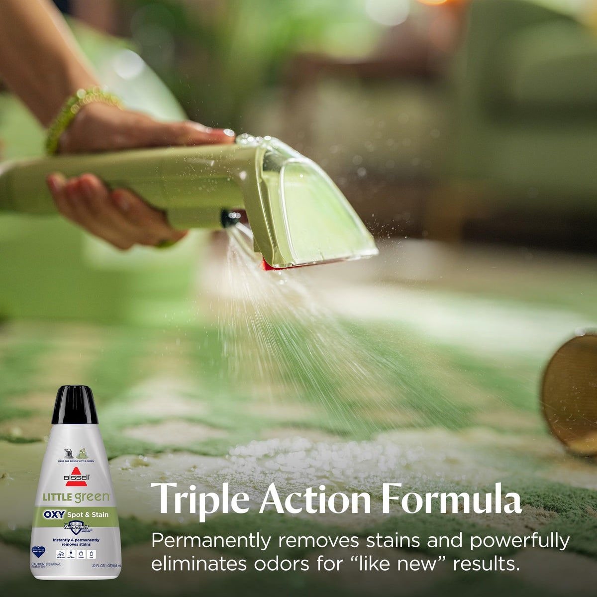 Bissell Little Green used in car interior cleaning for fresh, mess-free surfaces.