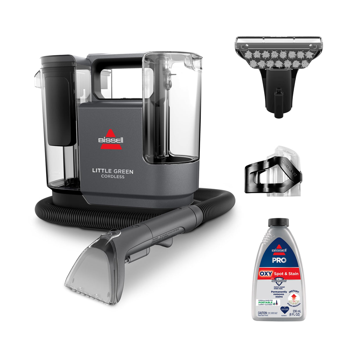 BISSELL Little Green Cordless cleaner front view shows portable stain-fighting design.