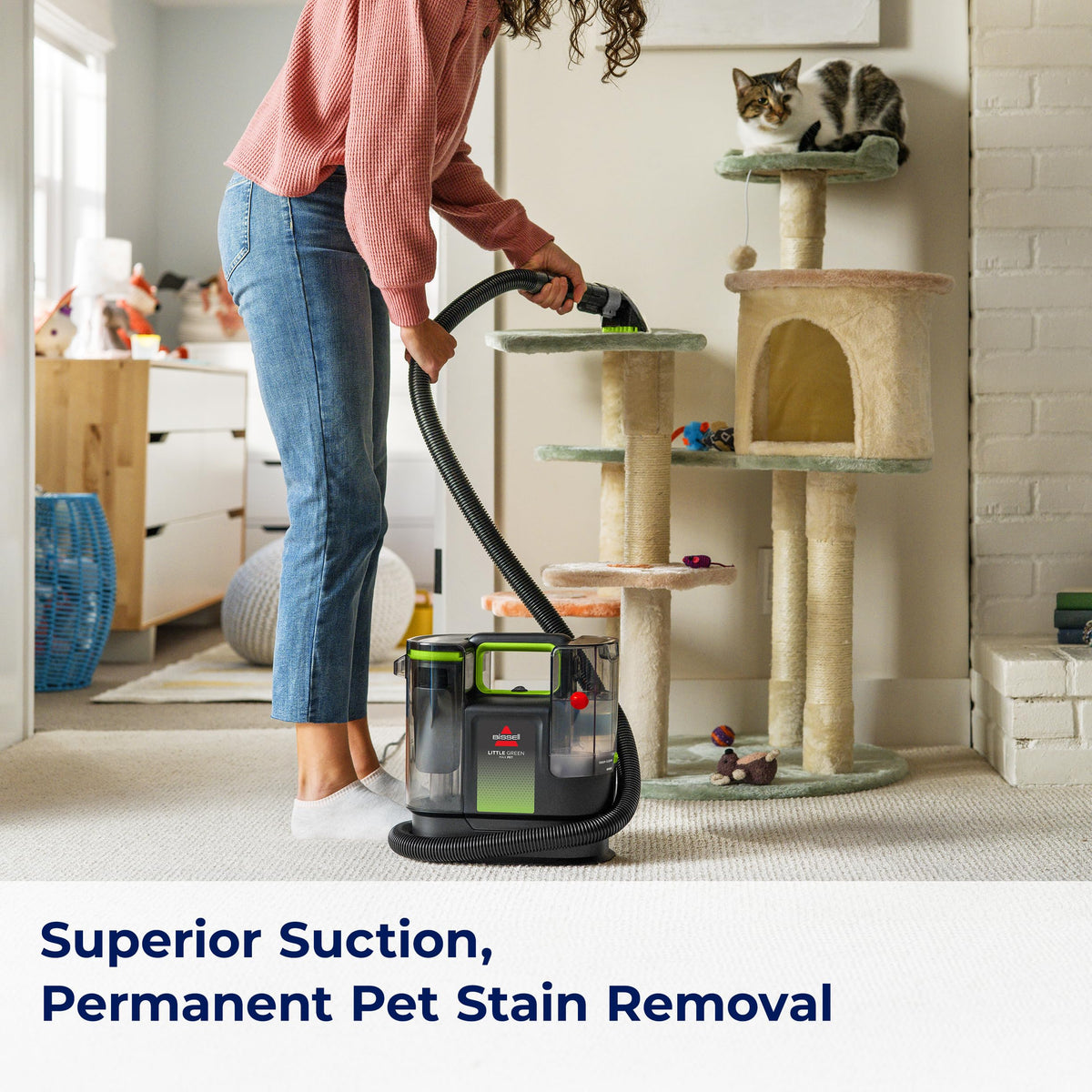 BISSELL Little Green Max Pet Hair Removal Tool cleans upholstery efficiently.