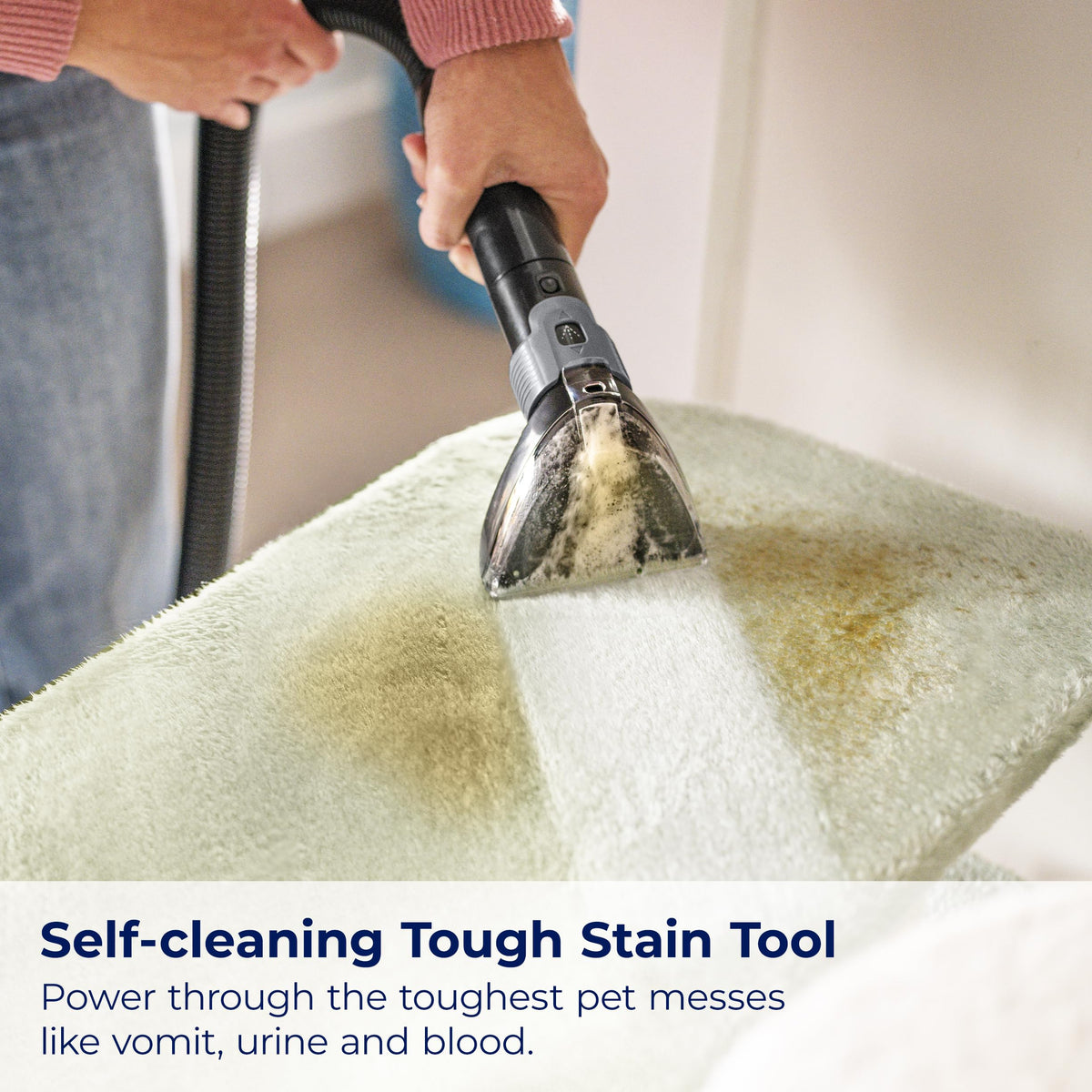 BISSELL Little Green Max Pet Self-Cleaning Tool rinses residue after use.