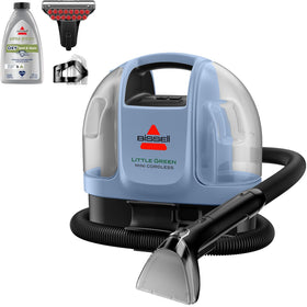Bissell Little Green Mini cordless cleaner ready for quick upholstery cleanup.