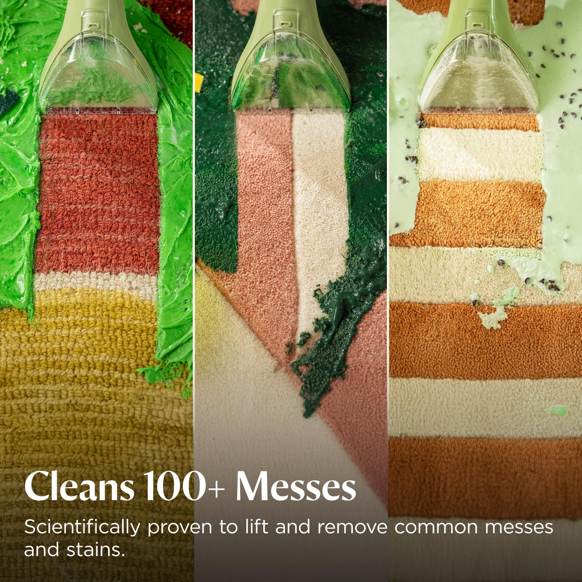 Bissell Little Green spray-scrub-suction action demonstrates targeted stain removal on fabric.