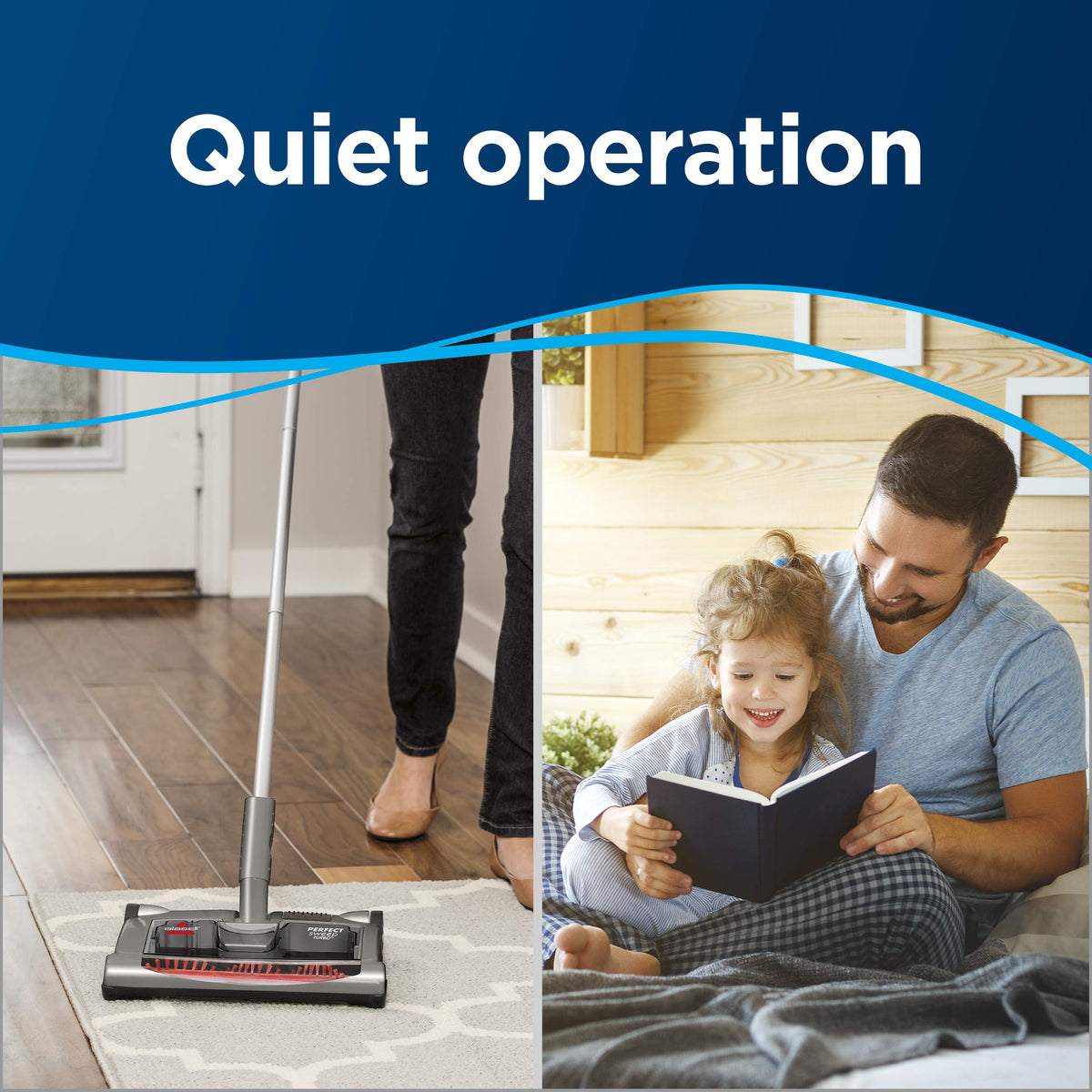 Bissell Perfect Sweep Turbo reaches under furniture for tight space cleaning.