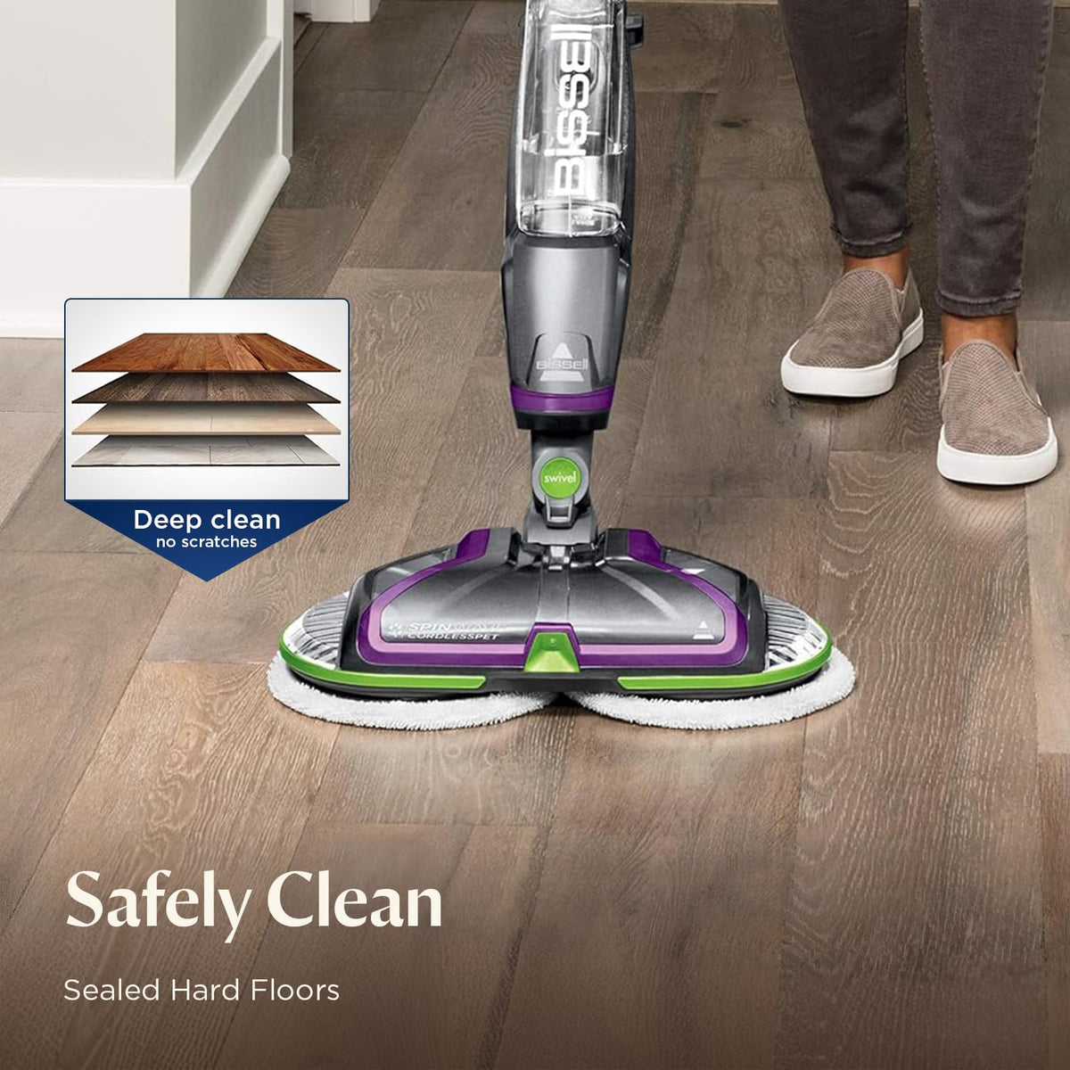Bissell SpinWave swivel head reaching tight spots around furniture and baseboards.