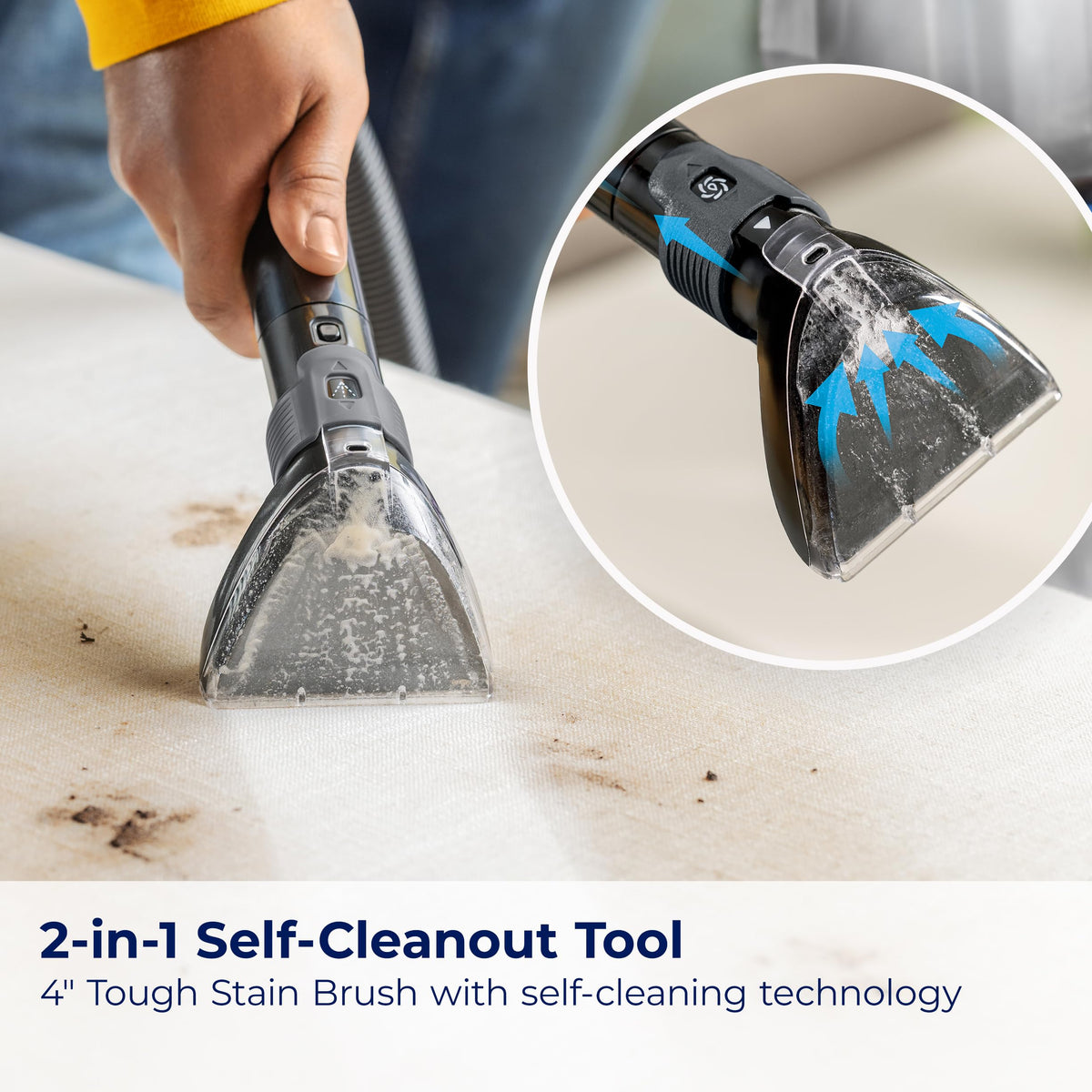 Bissell TurboClean Pet 7 ft hose extended for above-floor cleaning.