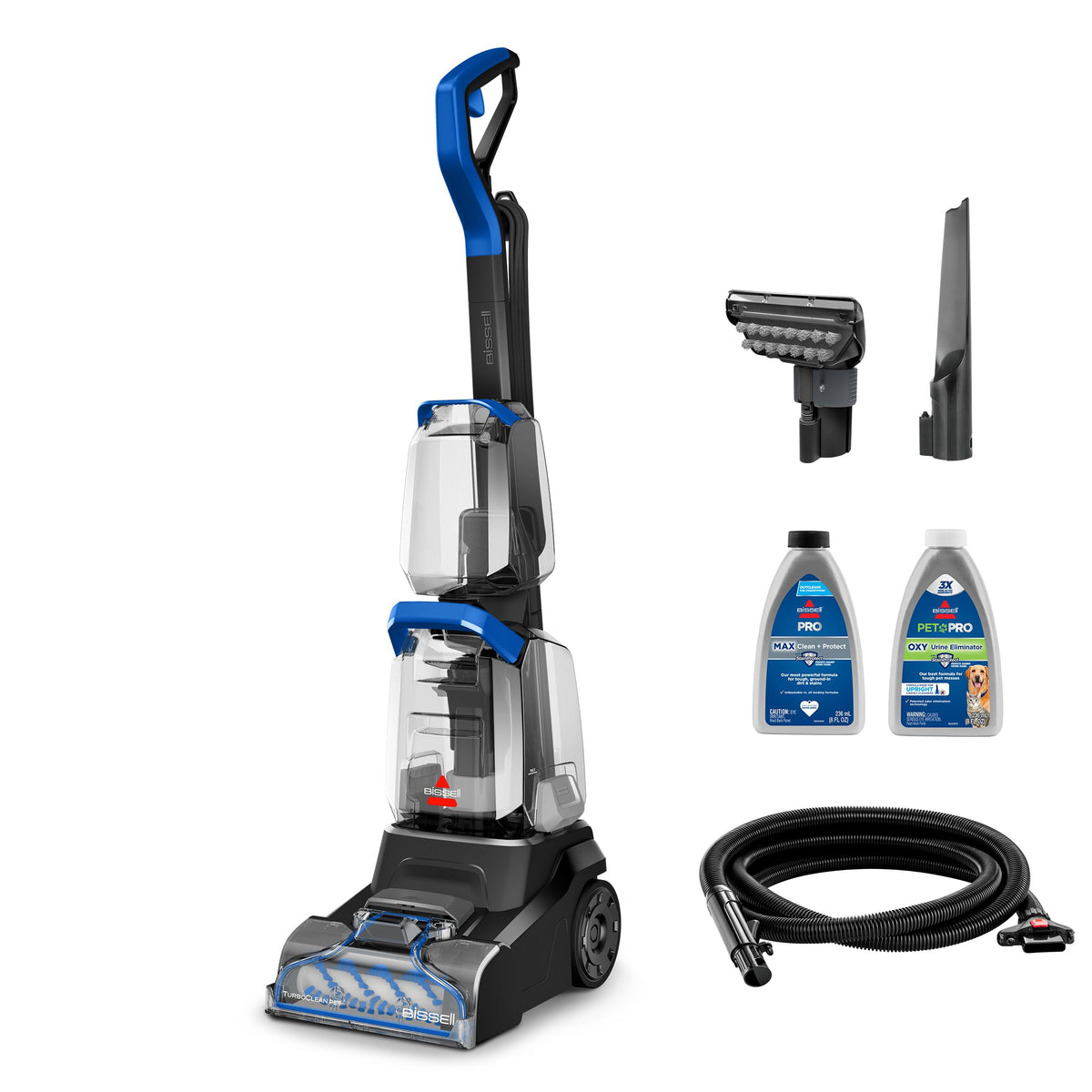 Bissell TurboClean Pet upright cleaner front view for quick stain removal.