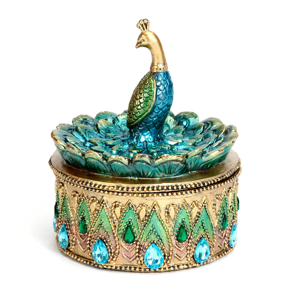 Bits and Pieces Peacock jewelry box lid—stunning detail for elegant storage and decorative gifting.