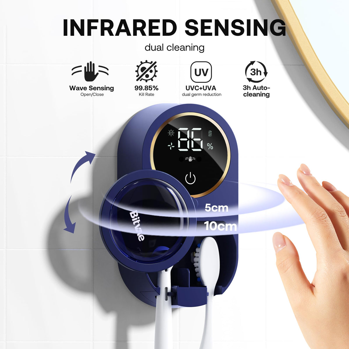 Bitvae toothbrush cleaner using UV dual-band to sanitize bristles and improve hygiene.
