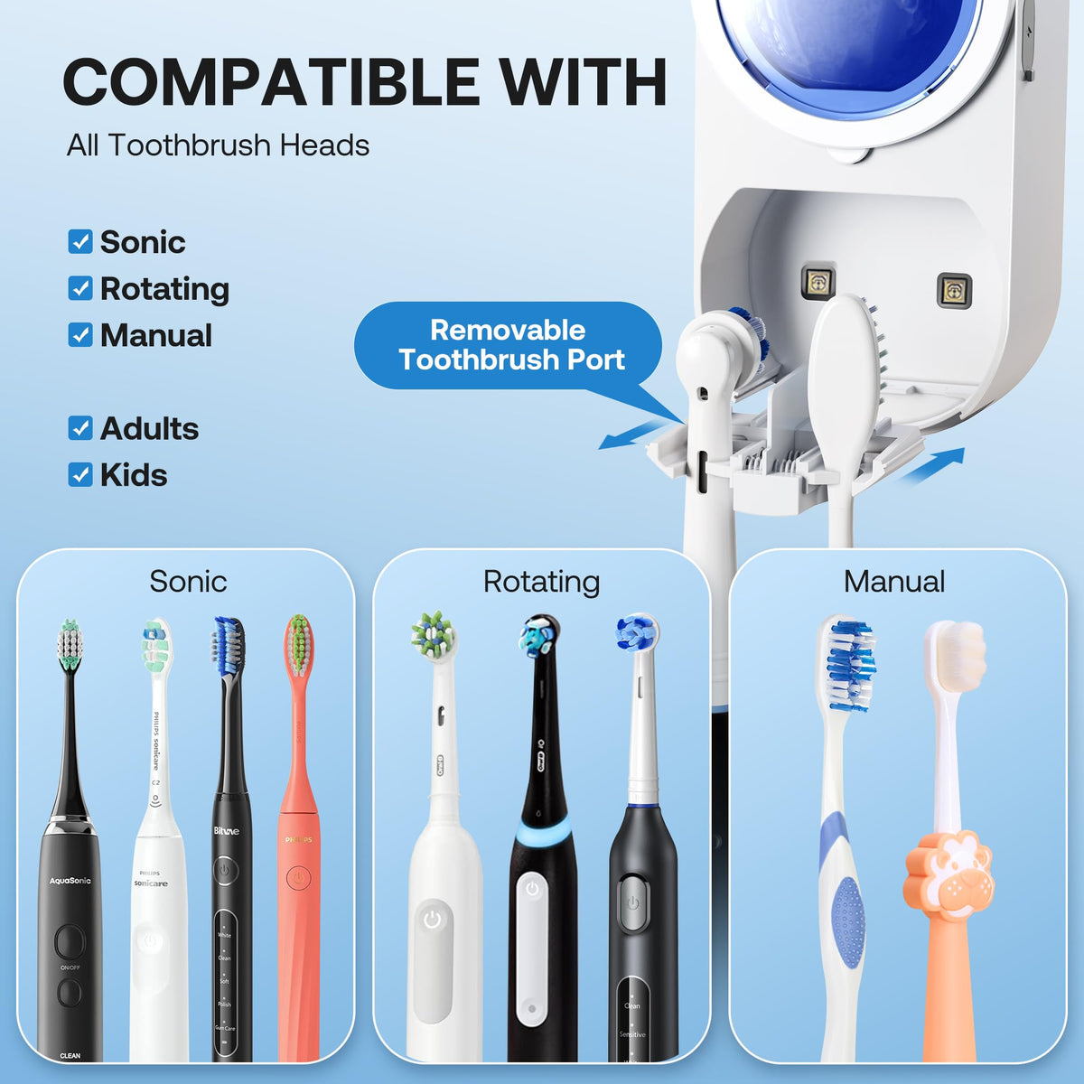 Bitvae universal-fit design accommodates most sonic, electric, and manual brushes