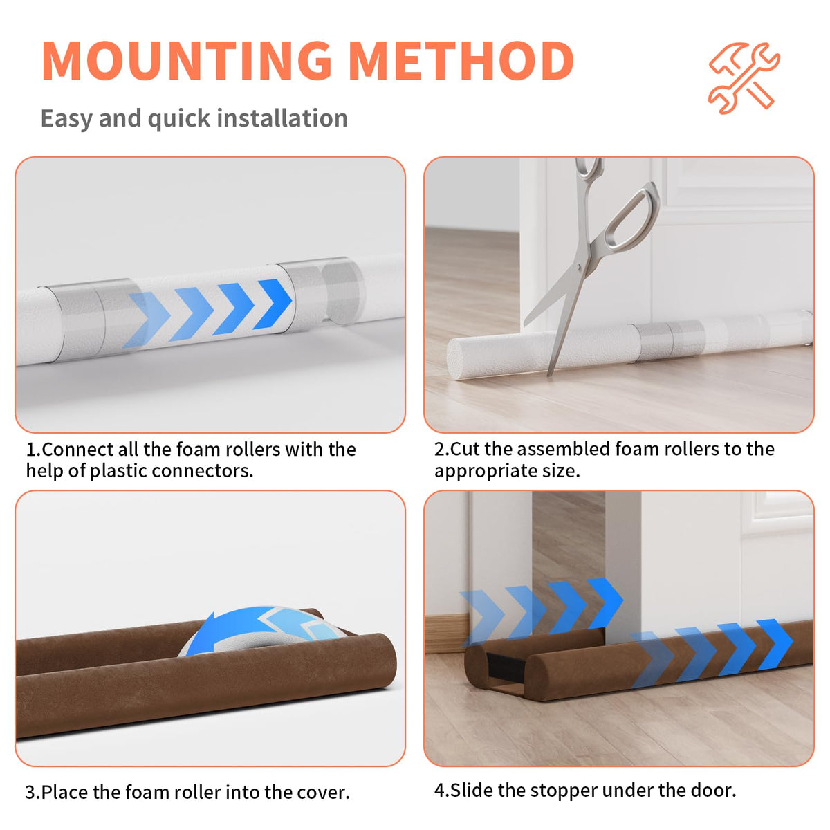 BKSAI door draft stopper on wood floor reduces cold air flow.