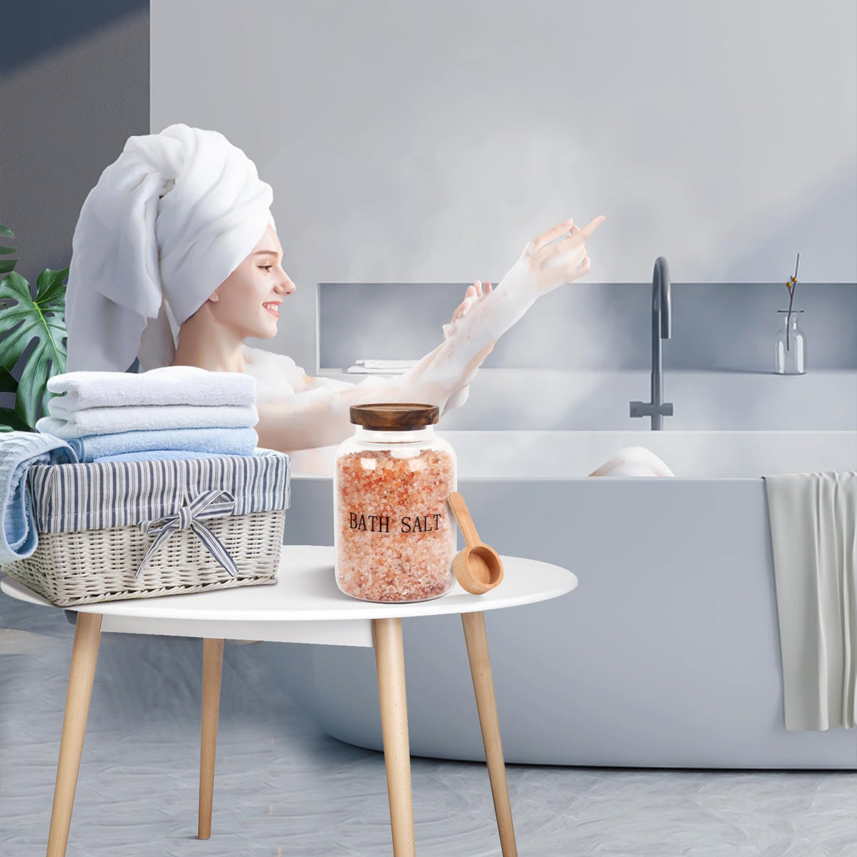 BKYFPQ on countertop with decor accents shows stylish bathroom organization.