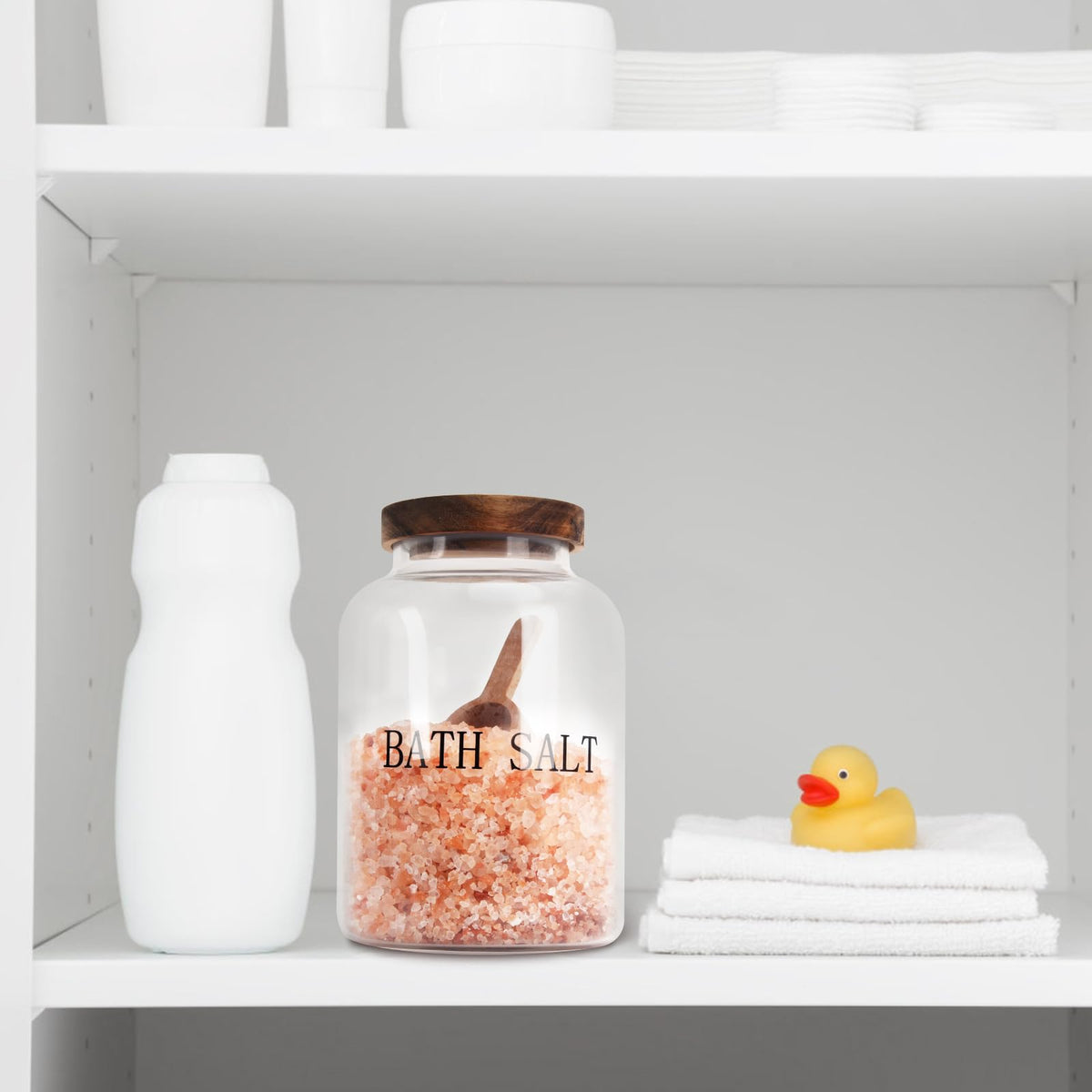 BKYFPQ jar open with visible salts, suggesting easy-access bath ritual.