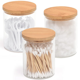 BKYFPQ qtip holder dispenser with glass and bamboo lid for tidy vanity storage.