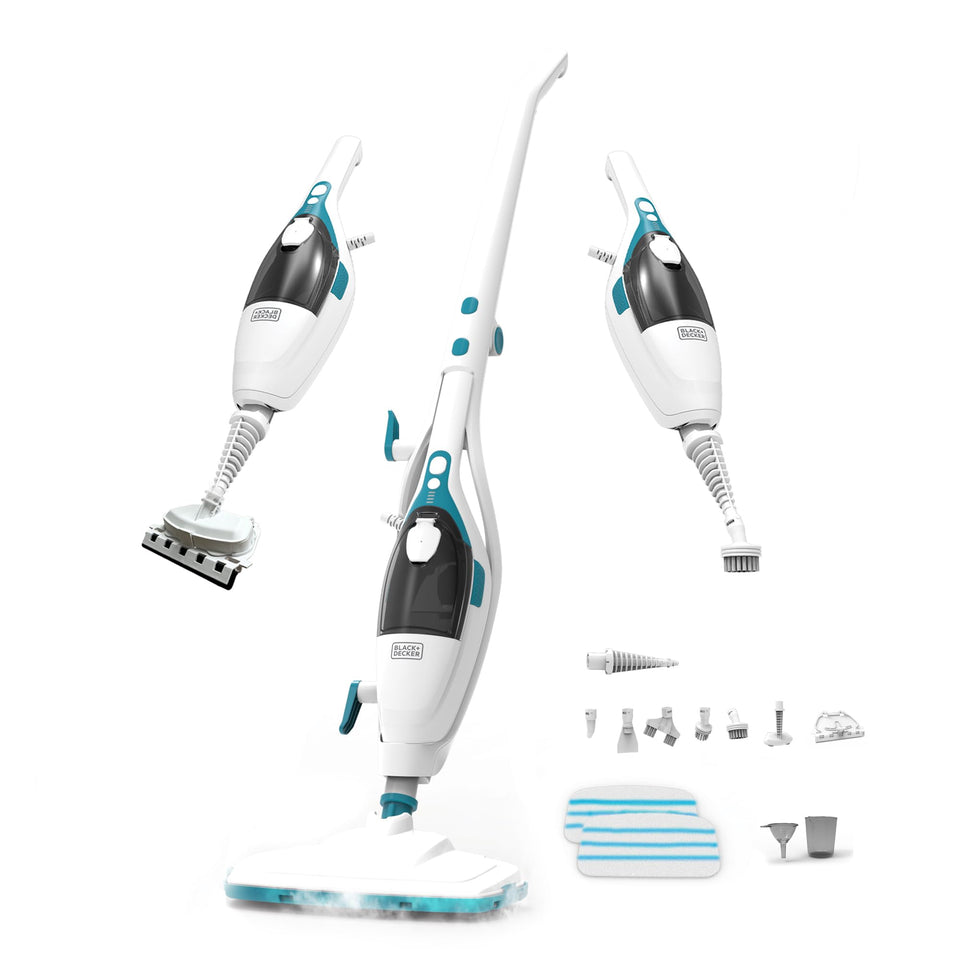 BLACK+DECKER 2-in-1 steam mop on floor cleaning sealed surfaces efficiently.