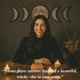 Black Magic Witch moon-phase mirror with hanging template included for easy installation