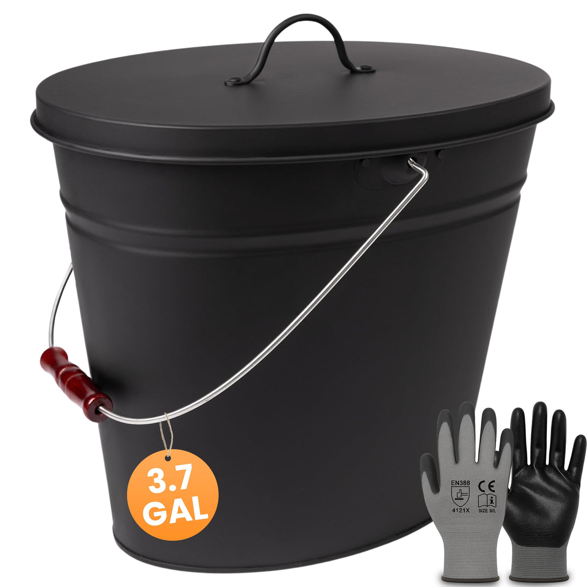 BLACK OAK Vesuvio ash bucket with oval lid for secure ash transport.