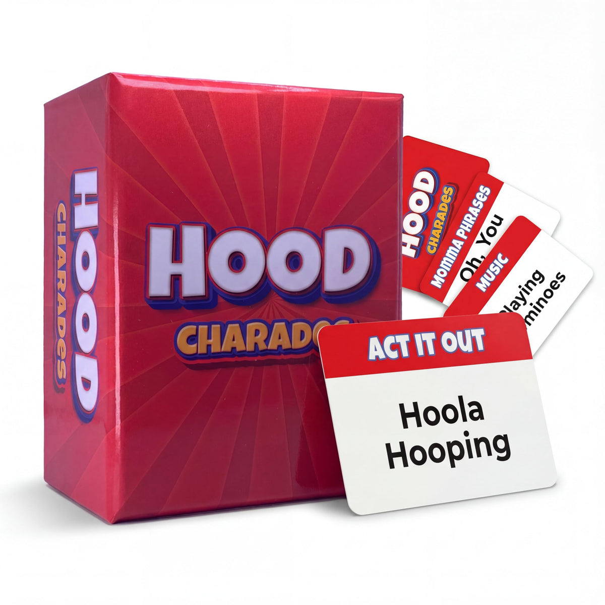 Black Owned Hood Charades card game package with premium design for family game nights