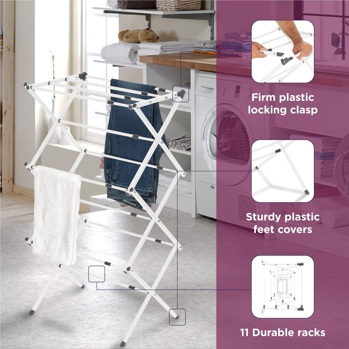 BLACK+DECKER space-saving rack collapsed for closet or laundry area storage.