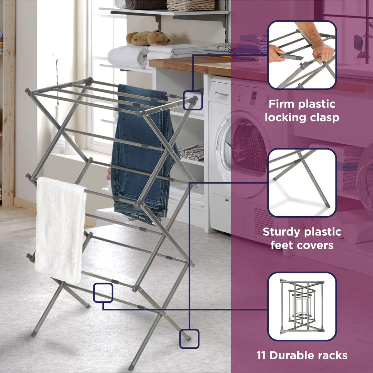 Black+Decker 3-tier drying rack fully expanded with ample drying area.