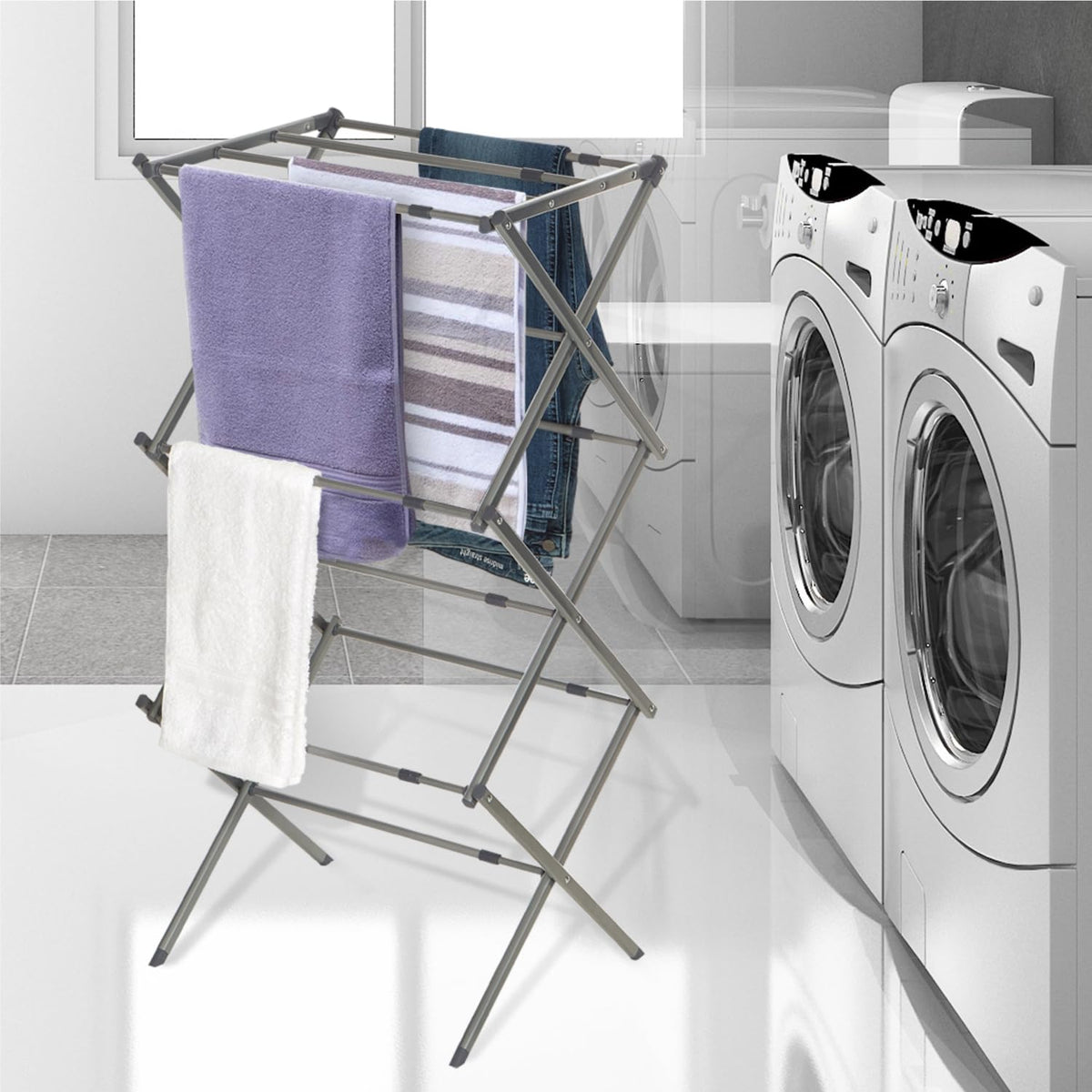 Black+Decker drying rack with sturdy steel frame supports garments.