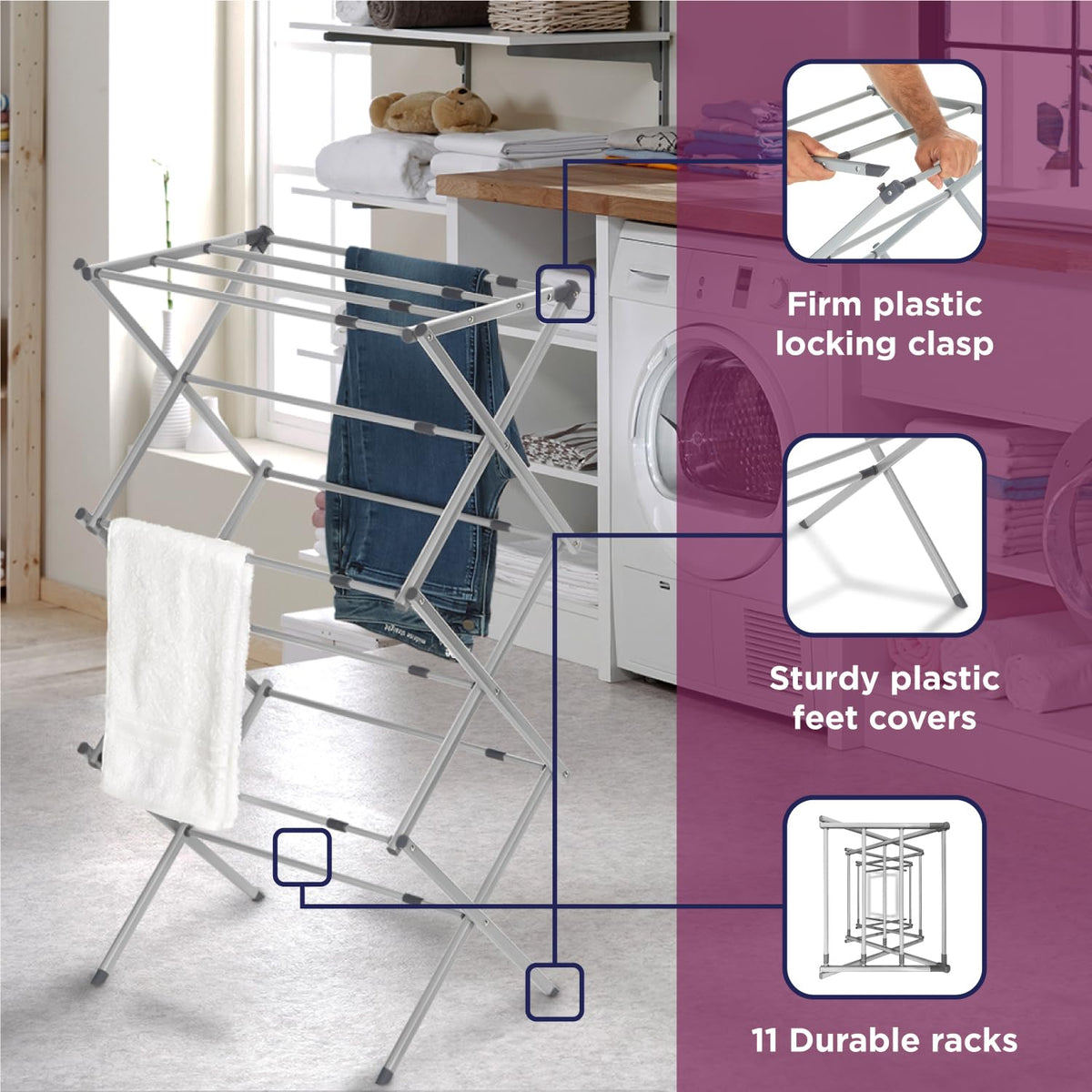 Black+Decker 3-tier expandable drying rack in-use for drying clothes indoors.