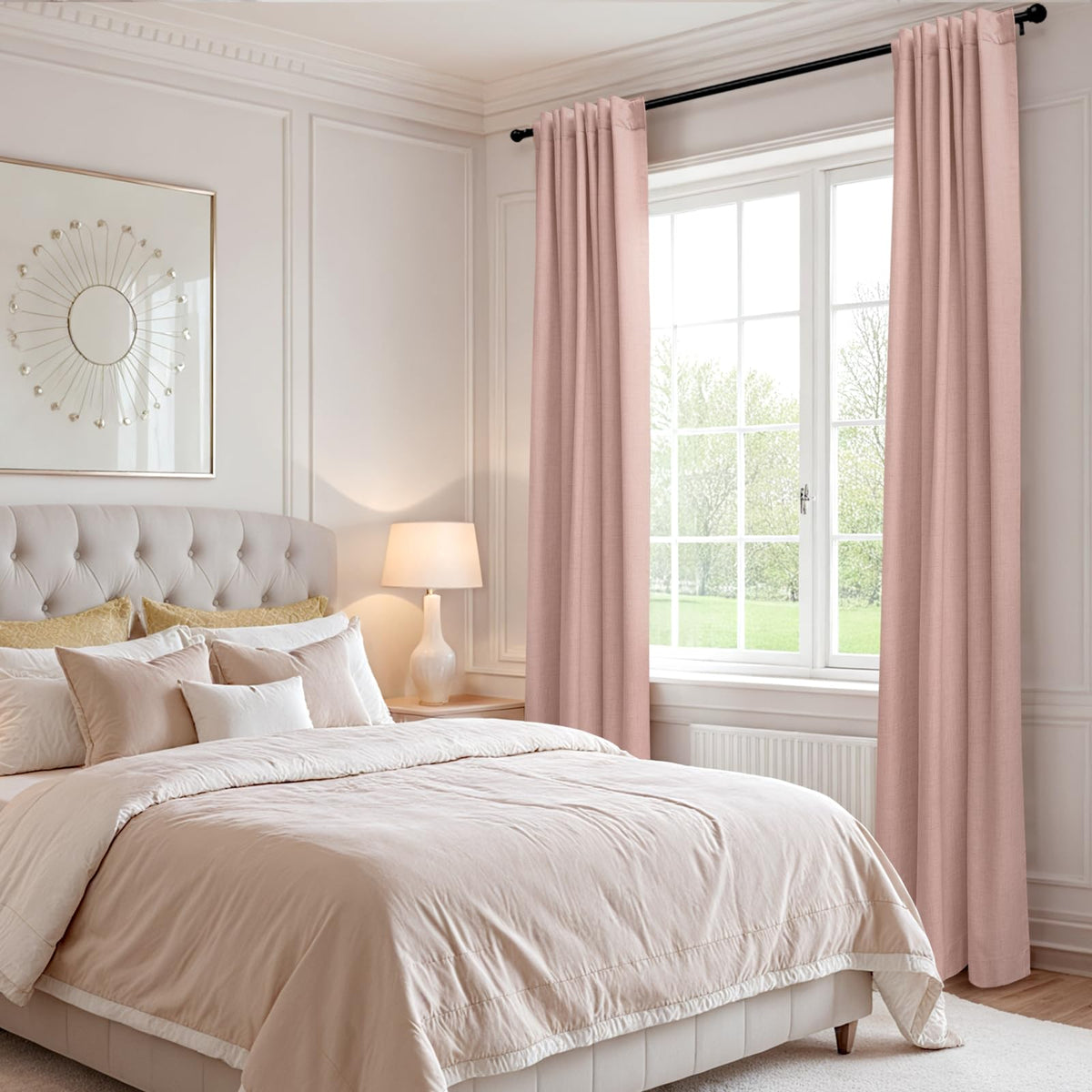 Blackout Shield bedroom drapes frame a relaxing space with reduced glare.