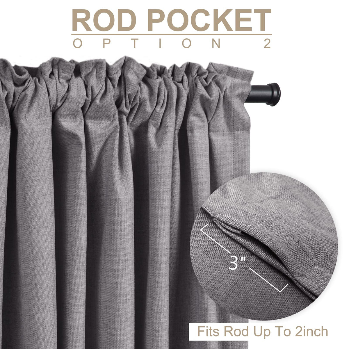 Back tab and rod pocket installation example for 50x84 panels.
