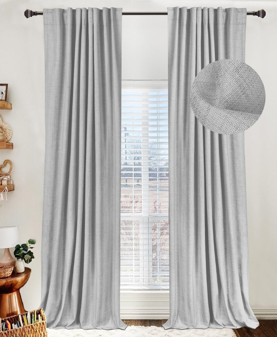 100% Blackout Shield linen curtains hanging with back-tab for versatile bedroom styling