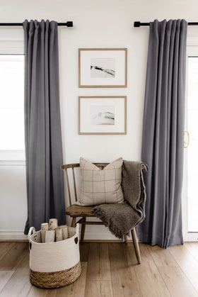 Two-panel 50x84 packaging for 100% Blackout Shield linen curtains.