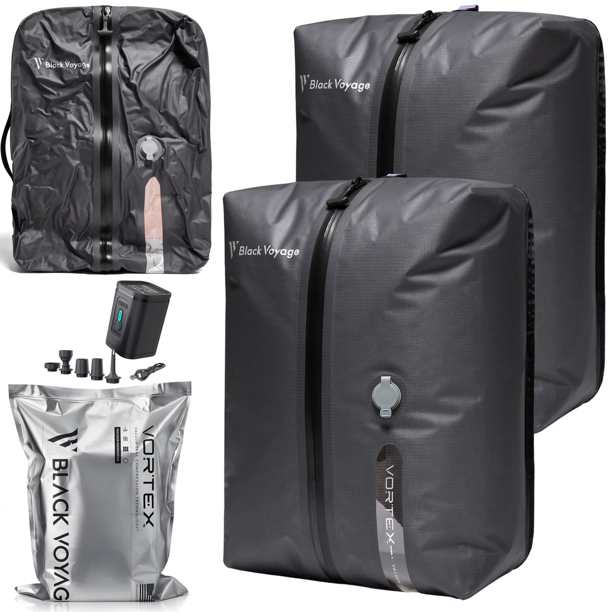 BlackVoyage reusable vacuum bag with airtight zipper for secure packing on flights.