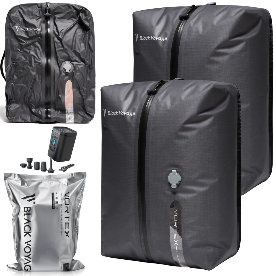 BlackVoyage reusable vacuum bag with airtight zipper for secure packing on flights.