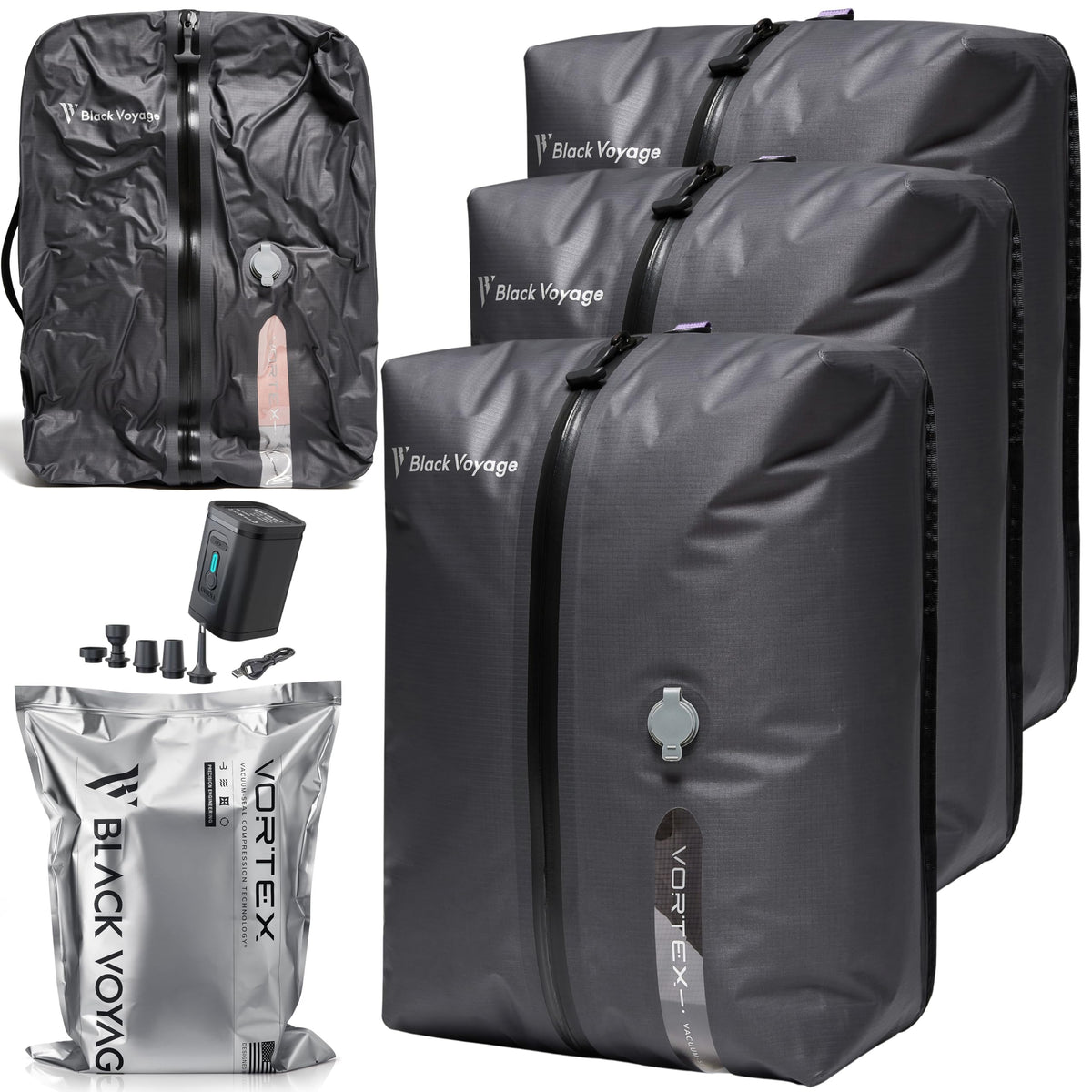 BlackVoyage vacuum bags with space-saving cube design for efficient packing.