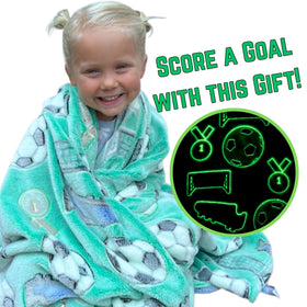 Blanket Buddies glow-in-the-dark goal illustration keeps kids cozy after practice