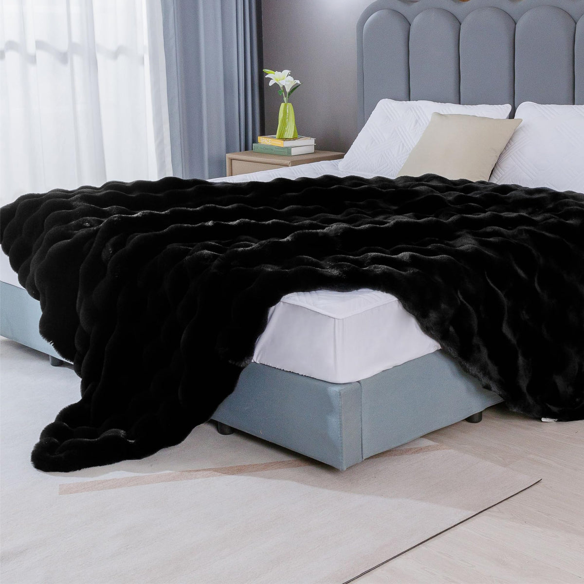 BlanketSolution fluffy furry black throw bed lifestyle draped over a bed